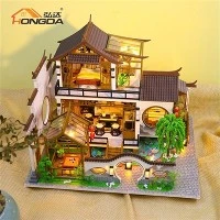 Hongda PC2314 2023 Desain Lastet Pesona Puitis Kit Miniatur Diy Kayu Gaya Cina Dengan Cahaya Untuk Anak Perempuan